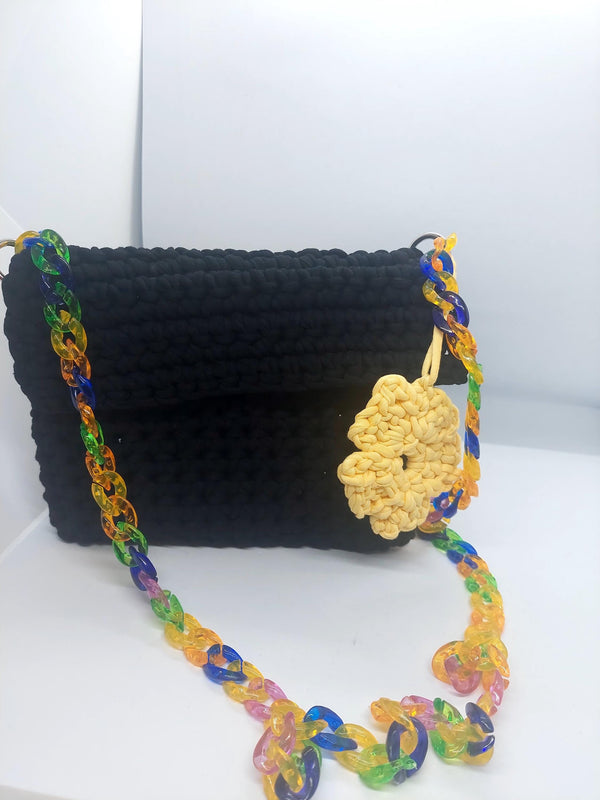 Elegant Black Crochet Crossbody Bag with Colorful Floral Accents - Perfect Handmade Gift for Her