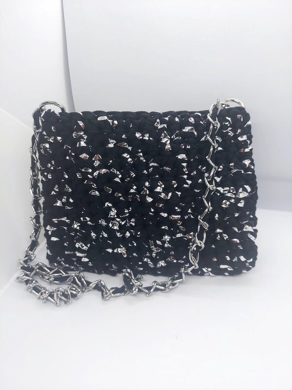 Elegant Handmade Crochet Black and Silver Crossbody Bag - Perfect for Special Occasions and Gifting