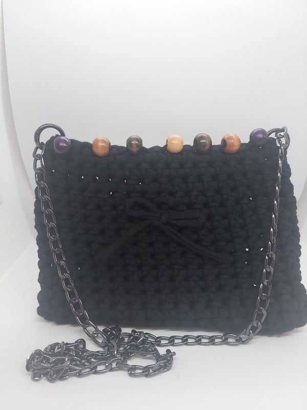 Chic Black Crochet Crossbody Bag with Beaded Accents - Perfect Handmade Gift for Her