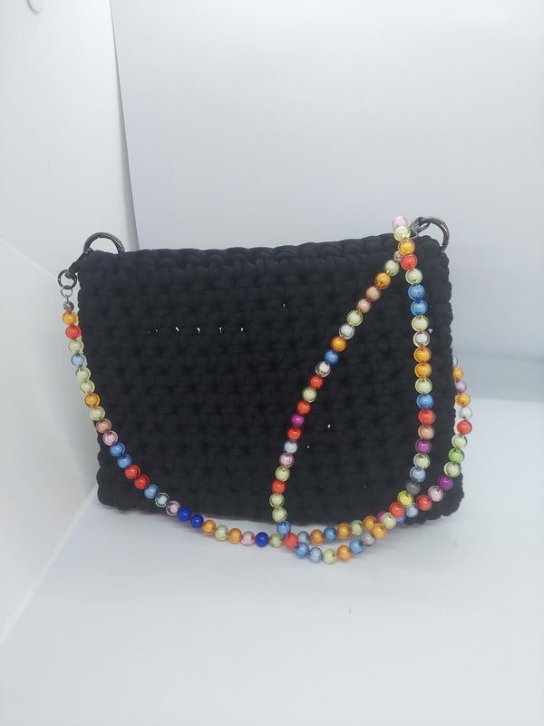 Elegant Black Crochet Crossbody Bag with Beaded Straps - Versatile Shoulder Handbag for Any Occasion, Ideal Gift for Her