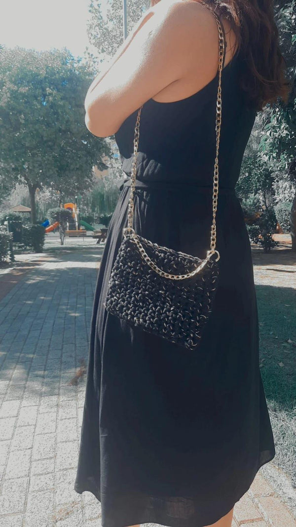 Elegant Black and Gold Crochet Crossbody Bag - Handmade Stylish Shoulder Bag for Any Occasion, Perfect Gift for Her