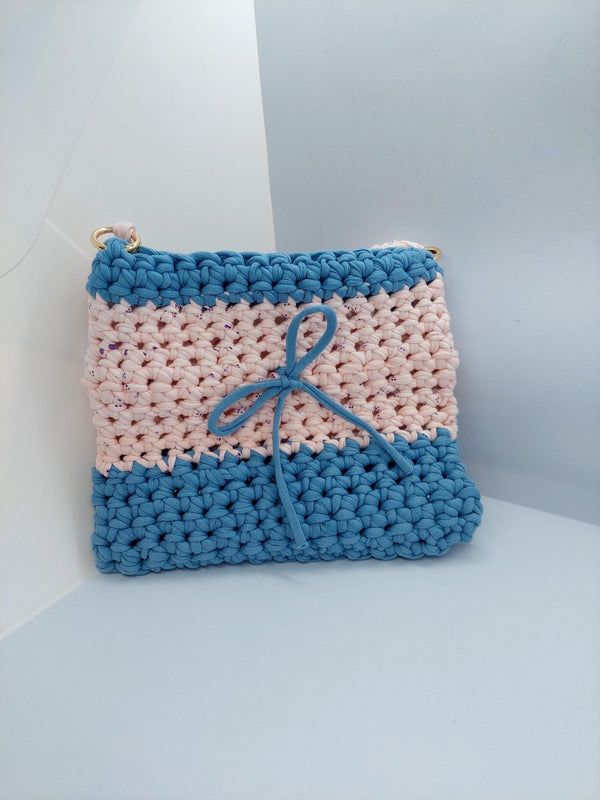 Vibrant Handcrafted Crochet Crossbody Bag - Stylish Blue and Pink Shoulder Accessory for Any Occasion